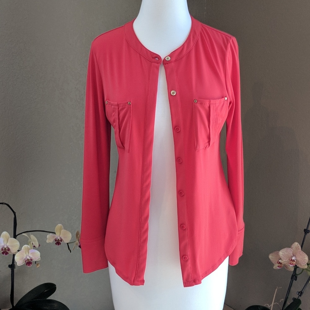 Dana Buchman fiery orange button up blouse